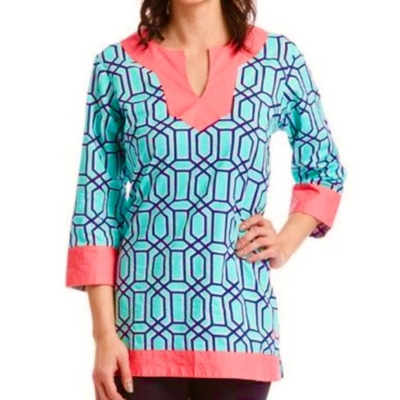 Simply Southern Baklava Cotton V Neck 3/4 Sleeves Small Pink Turquoise Tunic - Picture 8 of 8